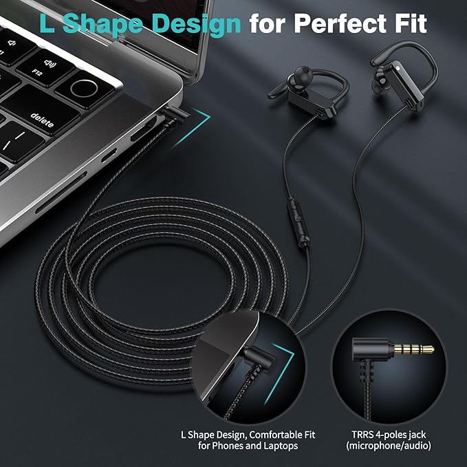 5.9FT Long Cord Wired Earbuds for Chromebook Laptop, 3.5mm Jack Plug Over Ear Hook Headphones for PC Student Kid School, Noise Isolate HiFi Stereo Audio Wrap Around Earphones In Ear Headset for Moto G