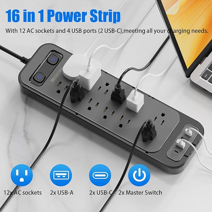 HITRENDS 12-Outlet Surge Protector Power Strip with 2 USB A + 2 USB C, 6FT Flat Plug Extension Cord, Dual Switches, Wide Spacing, 1250W/10A Multi Plug Outlet for Home Office Dormitory, Black