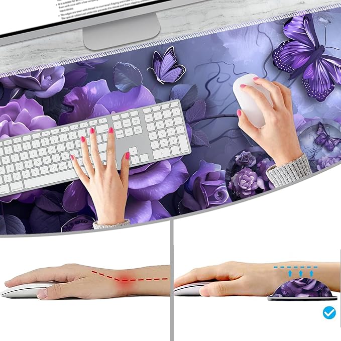Extended Non-Slip Mouse Pad + Mouse Wrist Rest + Lace-Shaped Coaster Set, Ergonomic Design, Suitable for Desk and Home Gaming Table Mat, Purple Rose