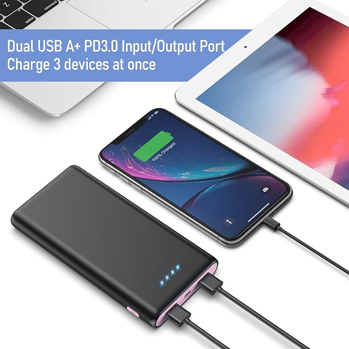 Portable Charger Power Bank 25,800mAh,5V/3A USB C in&Out Fast Phone Charging with Intelligent Smart IC,3 USB Port External Cell Phone Battery Pack Compatible with iPhone 17 16 15,Samsung,Android-Pink