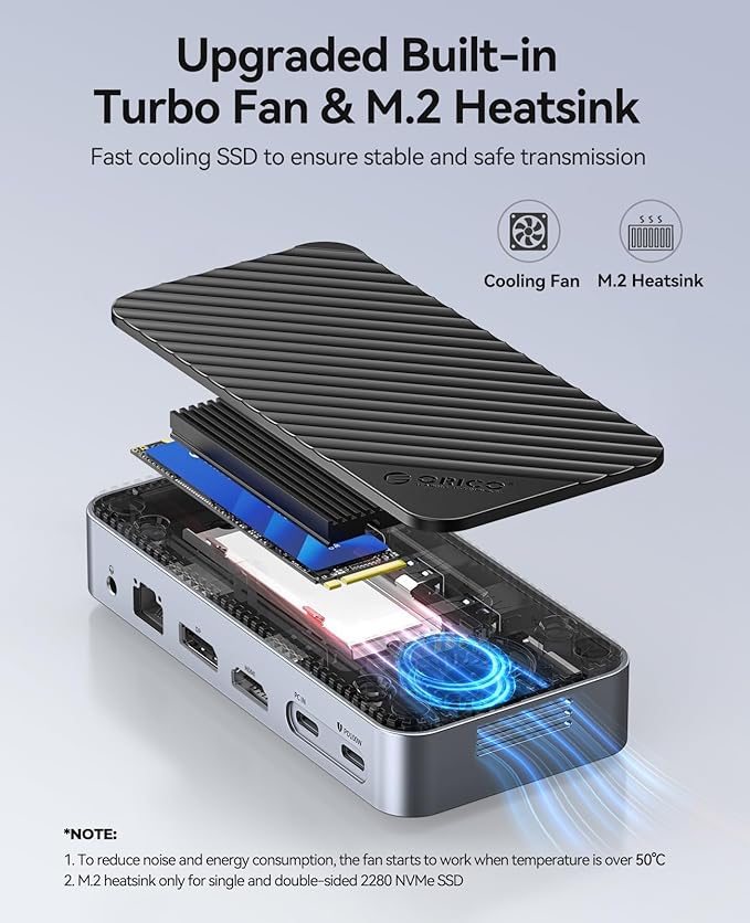 ORICO 12-in-1 USB C Hub with M.2 SSD Enclosure 10Gbps, Tool-Free USB C Docking Station with Built-in Fan, HDMI, DP, Gigabit Ethernet, 100W PD, SD/TF, Audio/Mic, USB A & Type C for Laptop Mac-M2P11