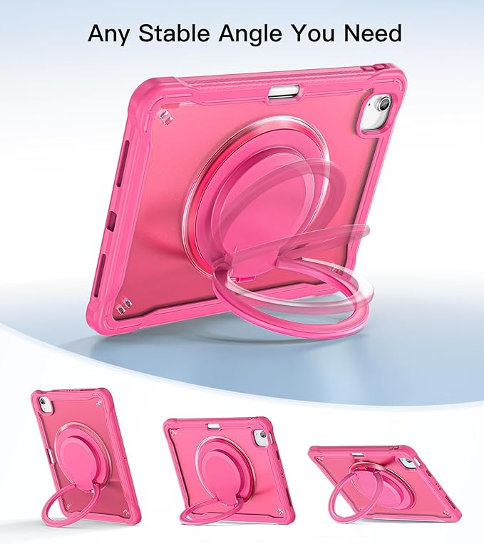 BATYUE Case for iPad Air 11-inch M4(2026)/M3(2025)/M2(2024), iPad Air 4/5 10.9" & Pro 11" 2018-2022 - Shockproof Case with 360° Rotating Stand & Handle, Pencil Holder, Shoulder Strap, Rose