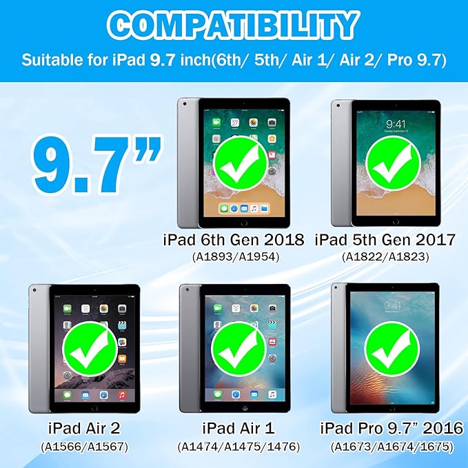 ZoneFoker 9.7" Case for iPad 6th/5th Generation 2018/2017, Air 2/Air 1st/Pro 9.7, Heavy Duty Shockproof Protective Cover with Built-in Stand for iPad 6/5 Gen (Black+Blue)