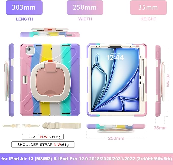 MEEgoodo Case for iPad Air 13 inch 2025 (M3) /2024 (M2) & iPad Pro 12.9 Case 6th/5th/4th/3rd Generation 2022 2021 2020 2018,Tablet Cover with Pencil Holder/Rotating Stand/Shoulder Strap,Colourful Pink | 2025 (M3), 2024 (M2), 2022 2021 2020 2018, Pencil...