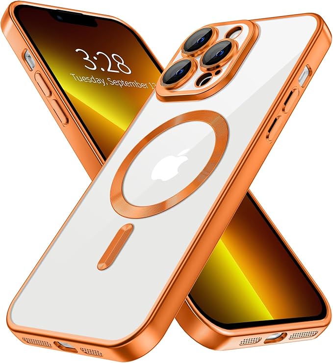 Hython Magnetic Clear for iPhone 13 Pro Case with Camera Lens Protector [Compatible with MagSafe] Luxury Plating Edge Slim Soft TPU Cover Protective Phone Case for iPhone 13 Pro 6.1", Matte Orange
