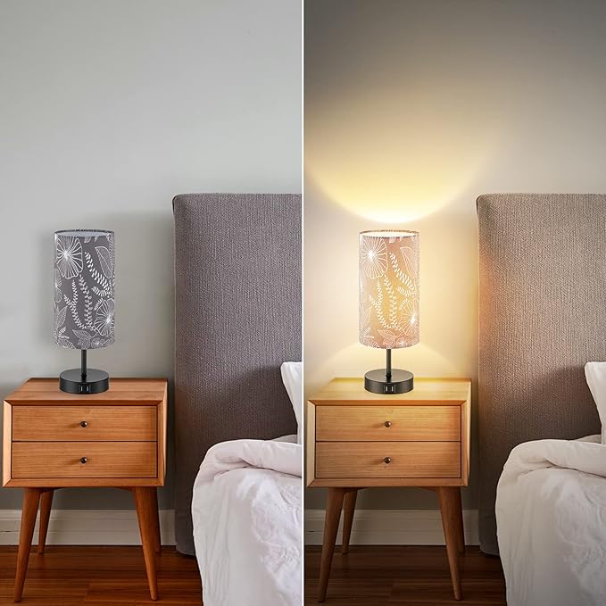 CINSARY Touch Control Bedside Lamp with 2 USB Ports, 3-Way Dimmable Table lamp for Bedroom, Nightstand Lamp with Round Grey Fabric Shade for Living Room Home Office (E26 LED Bulb Included)