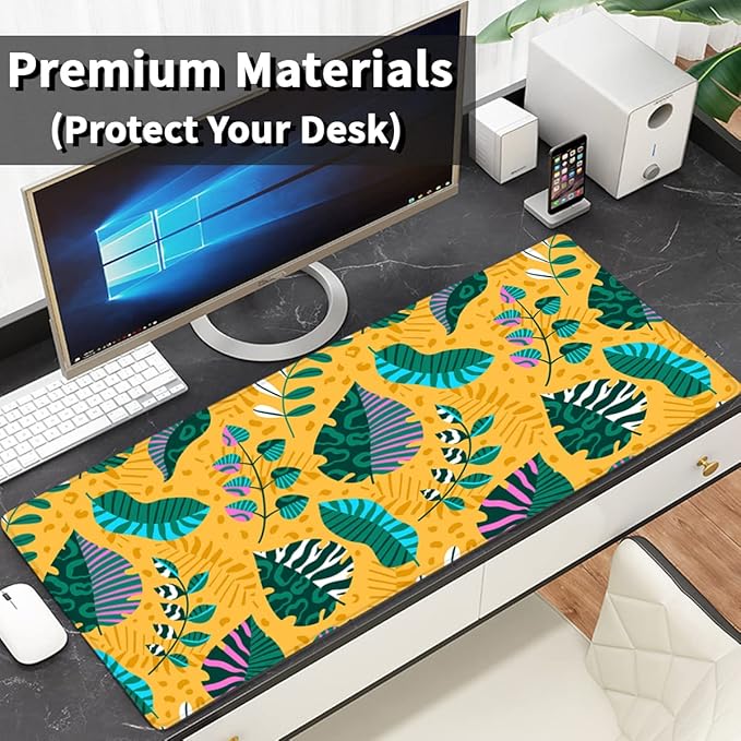 Benvo Extended Mouse Pad with Stitched Edges Extra Large Gaming Mousepads with Non-Slip Rubber Base and Micro-Weave Cloth Desk Mat for Gamer Office Home(35.4x15.7 inch, Tropical Leaves Yellow)