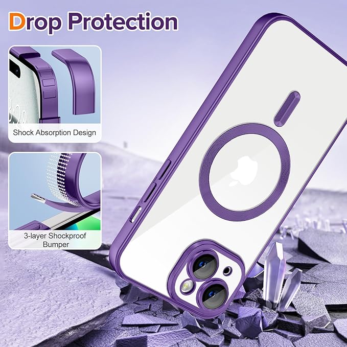 Hython Magnetic Clear for iPhone 15 Plus Case with Camera Lens Protector [Compatible with MagSafe] Luxury Plating Edge Slim Soft TPU Cover Protective Phone Case for iPhone 15 Plus 6.7", Matte Purple