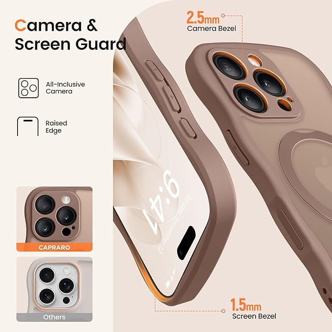 CAPRARO for iPhone 16 Pro Case with 360° Spin Magnetic Stand for Women, [Compatible with MagSafe] [Full Camera Protection] Cute Wave Translucent Matte Case for iPhone 16 Pro, Brown