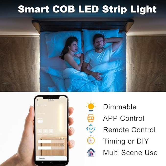 DAYBETTER COB LED Strip Lights,LED Lights for Bedroom 32.8ft,Daylight White 6500K Dotless LED Light Strip,3200 LEDs Super Bright Dimmable 24V Flexible Tape Lights with Remote,Kitchen,Cabinets Lighting