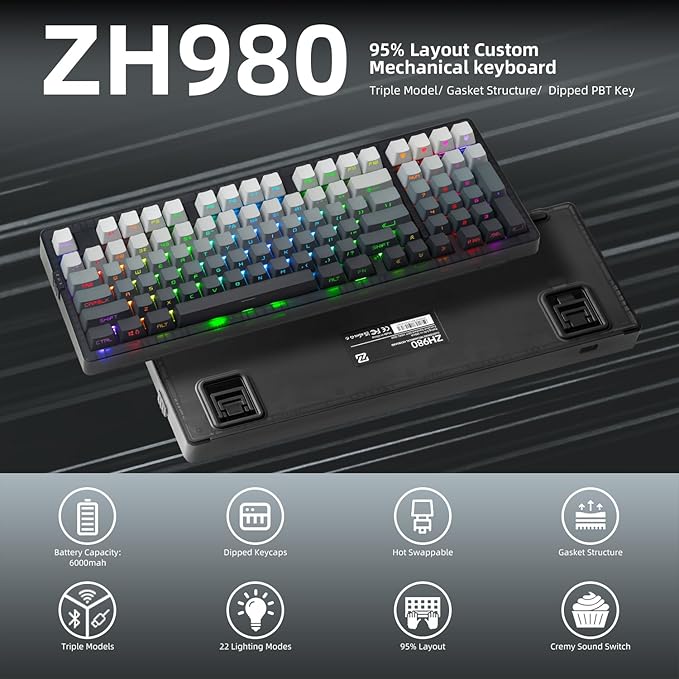 ZORNHER ZH980 Mechanical Keyboard Wireless,95% Black & White Creamy Keyboard with Number Pad,Gaming Keyboard with Number Pad,Lighted Up PBT Keycaps,Creamy Sounding Linear Switches,Full Size