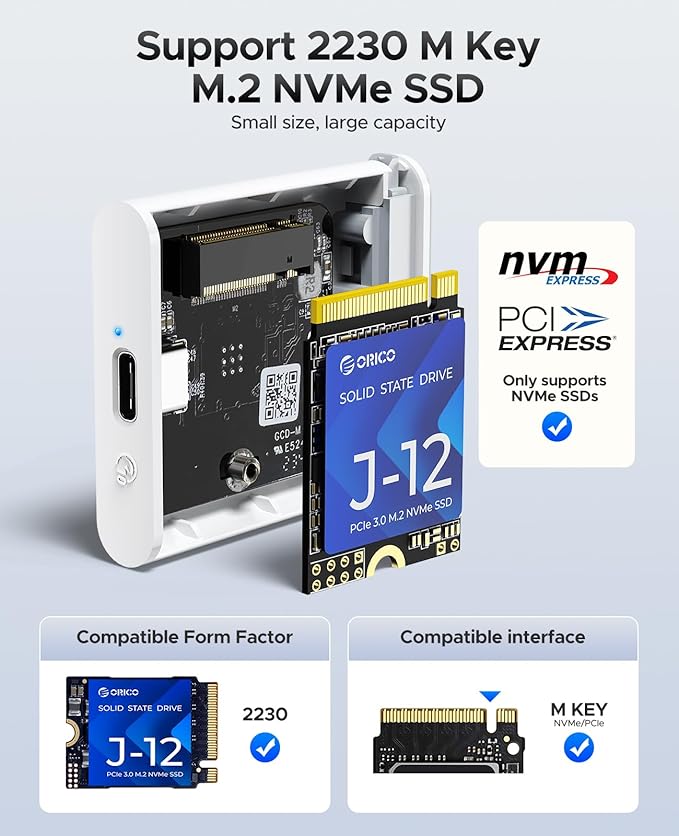 ORICO M.2 NVMe 2230 SSD Enclosure with Aluminum Shell and Silicone Protective Case, 10Gbps USB C 3.2 Gen2 Type-C to NVMe PCIe Adapter, Compatible with iPhone 15/16 Pro/ Max 4K ProRes Recording -IP30