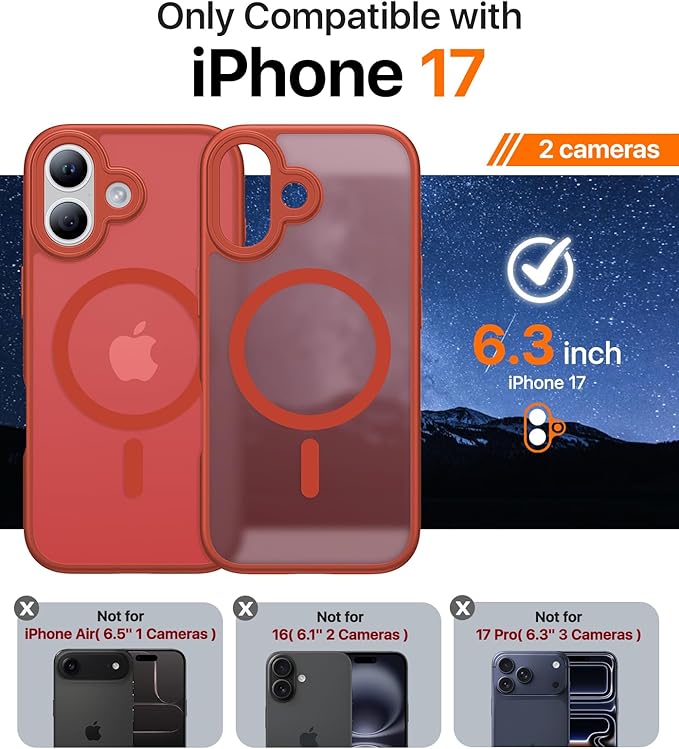 Magnetic for iPhone 17 Case,[Anti-Slip][Compatible with MagSafe][Military Grade Drop Protection] Shockproof Protective Translucent Matte Phone Case for iPhone 17 Case,Red