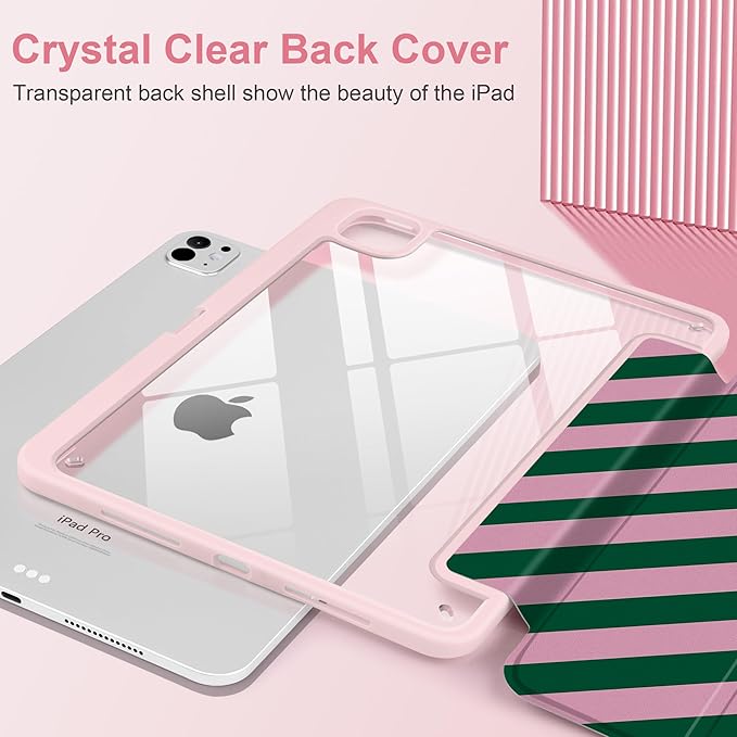 TWOLSKOO Case for iPad Pro 11-inch (M5 2025 / M4 2024), Clear Acrylic Back with TPU Bumper, Pencil Holder, Trifold Stand, Auto Sleep/Wake, Diagonal Stripes