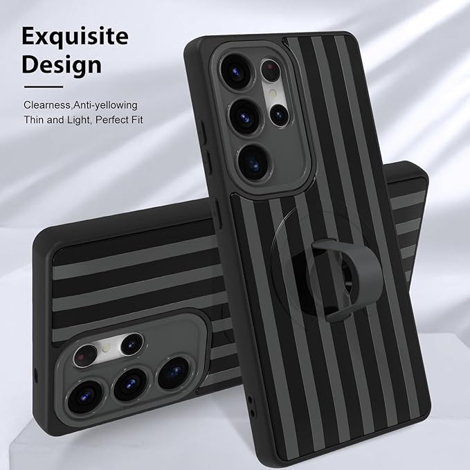 KANGHAR Compatible with Samsung Galaxy S25 Ultra Case, Support for MagSafe, Silicone Stripes Cute Pattern, Wristband Kickstand Camera Protection Soft Slim Cover for Girls Women -Black