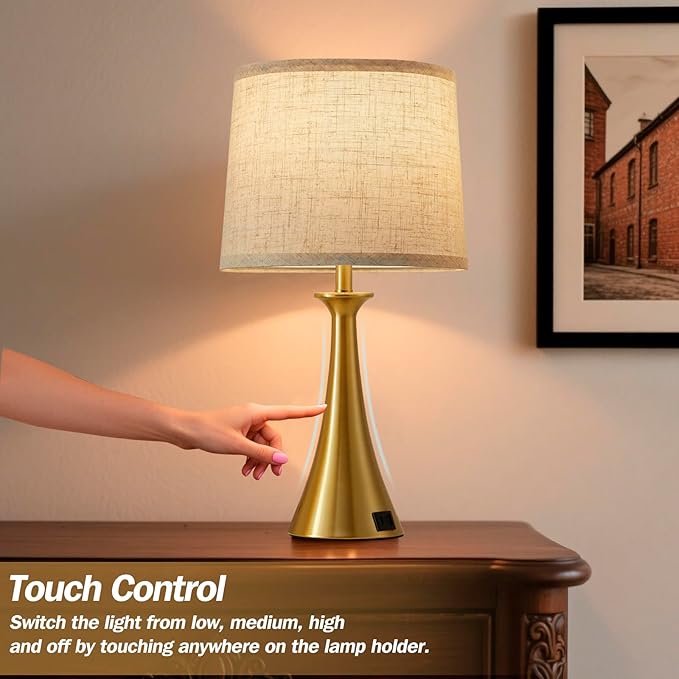 Touch Lamp for Living Room Bedroom, 21" Table Lamps Set of 2 with USB C+A Ports, Touch Bedside Lamps for Nightstand with 3 Way Dimmable, 2 LED Bulbs Included, Gold
