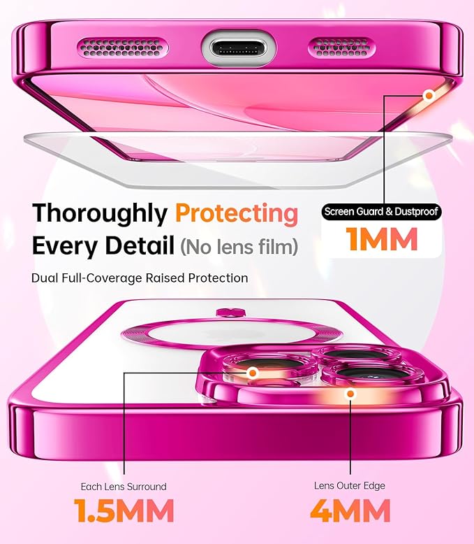 Meifigno Case Designed for iPhone 16 Pro 6.3 Inch, [Compatible with MagSafe] [2X Screen Protectors] [Glitter Card & Wrist Strap] Surround Lens Protection Designed for iPhone 16 Pro Case, Hot Pink