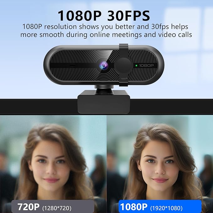 1080P Webcam for PC, Webcam with Mic, Auto Light Correction, 90° Wide Angle, Built-in Privacy Cover, Supports YouTube, Zoom, Teams, Meet, Skype, Perfect for Solo Meeting, Live Streaming