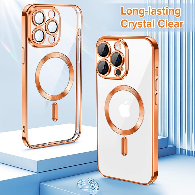 Hython Magnetic Clear for iPhone 14 Pro Max Case with Camera Lens Protector [Compatible with MagSafe] Plating Edge Slim Soft TPU Cover Protective Phone Case for iPhone 14 Pro Max 6.7", Orange
