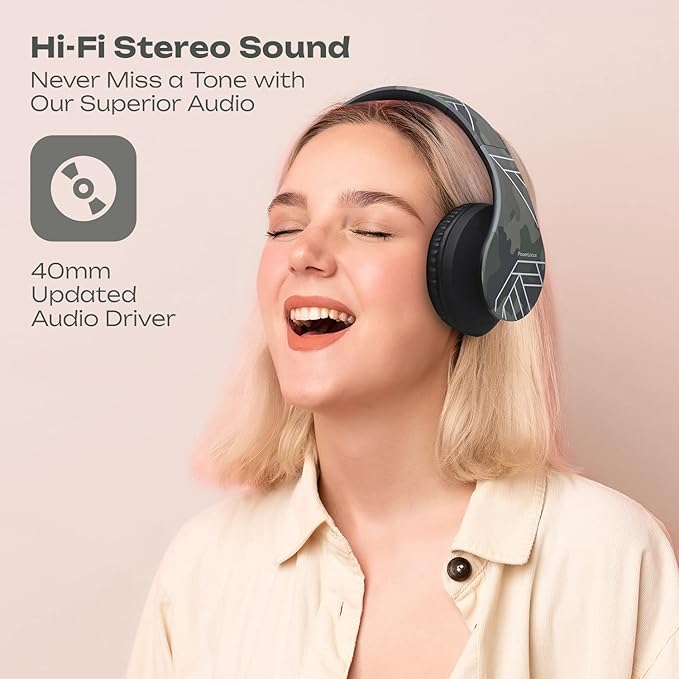 PowerLocus Bluetooth Over-Ear Headphones, Wireless Stereo Foldable Headphones Wireless and Wired Headsets with Built-in Mic, Micro SD/TF, FM for iPhone/Samsung/iPad/PC (Camo)