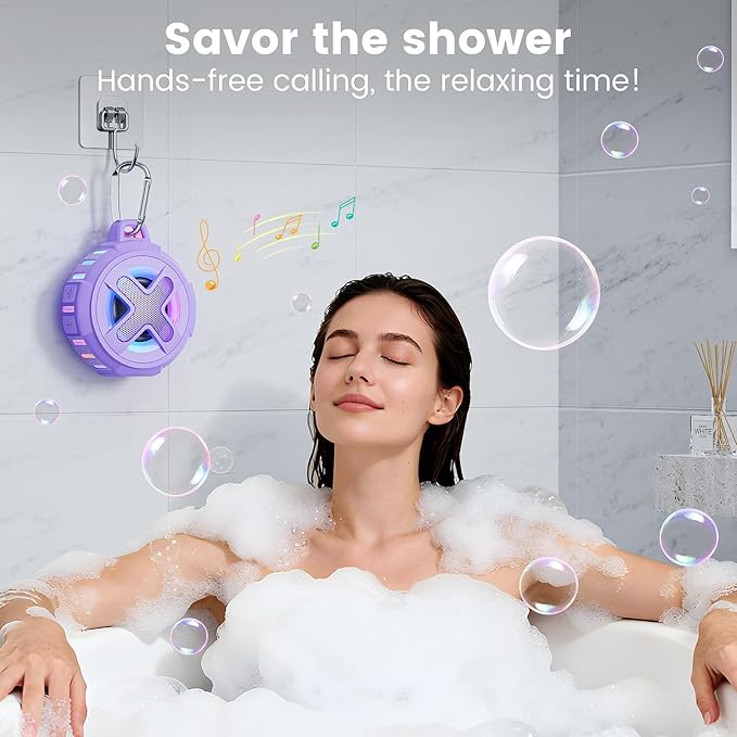 XLeader X8(2 Gen) Upgraded, Bluetooth Shower Speaker, Certified IP67 Waterproof, Small Wireless, Silicone Case, 10W Pro Sound&Deep Bass, 24Hrs Playtime, with Portable Clip, for Beach Kayak Gift Purple