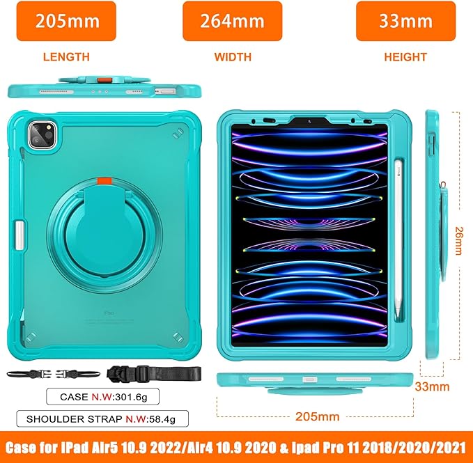 Batianda Ultimate Protective Case for iPad Pro 11-inch 2022 4th M2 Chip /2021 (3rd Generation) Rugged Shockproof Tablet Cover with 360° Rotatable Kickstand & Shoulder Strap & Pencil Holder, Blue