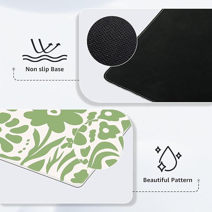 iCasso Desk Mat, XXL Large Anti-Slip Mouse Pad with Stitched Edges, Keyboard Mat for Work, Gaming (Green Flowers)