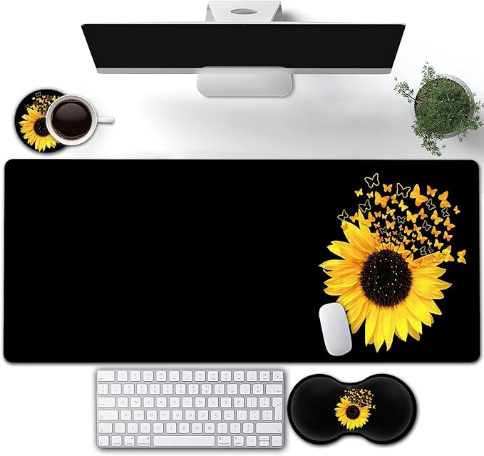 Large Gaming Mouse Pad, Extended Waterproof Desk Pad Protector (31.5" x 11.8") Ergonomics Memory Foam Mouse Wrist Rest Support, for Home Office Laptop, Sunflowers and Butterflies Black Mouse Mat