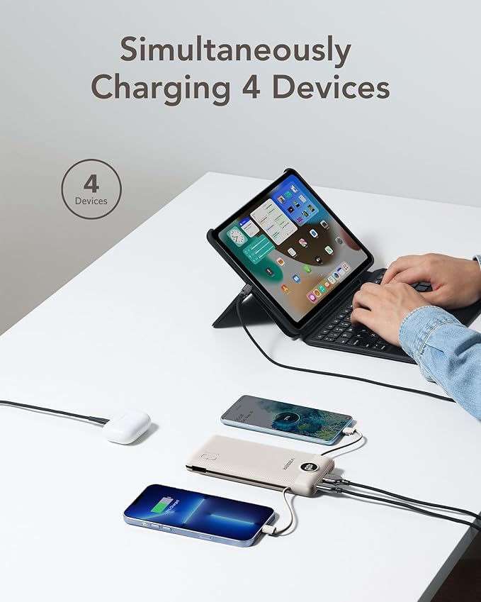 VEGER Portable Charger with Built-in AC Plug and Cables, All in One 10000mAh Ultra Slim Power Bank Travel Essentials, Fast Charging Battery Pack Compatible with iPhone, Samsung, Android (Coffee)