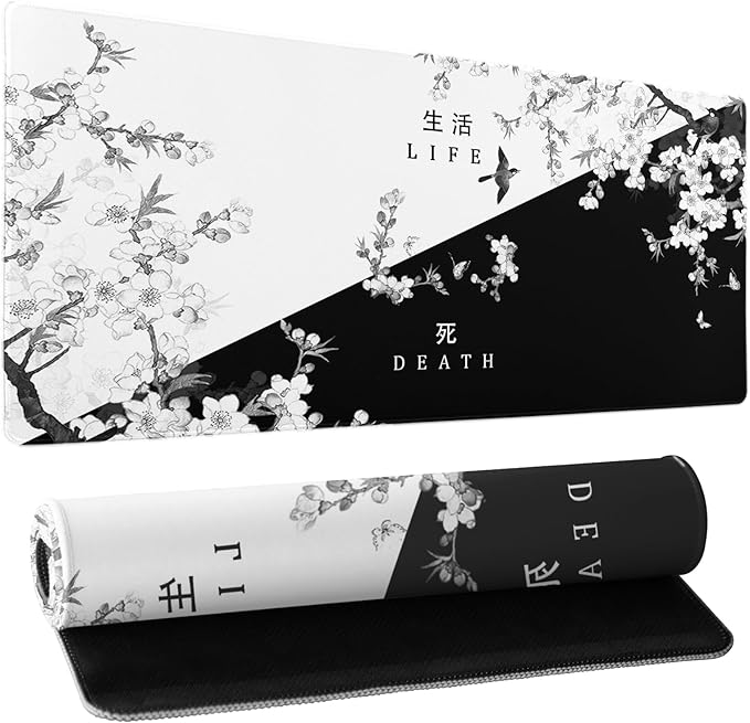 Black and White Cherry Blossom Gaming Mouse Pad XL，Large Mouse Pad Japanese Sakura Death Life Mouse Mat Desk Pad, Extended Stitched Non-Slip Rubber Edges Mousepad 31.5 X 11.8 Inch