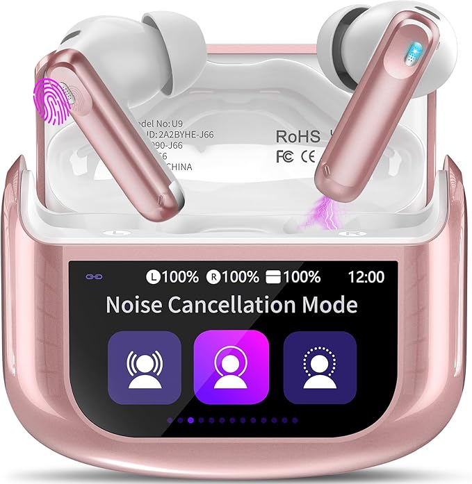 Thunelec Wireless Earbuds, Bluetooth 5.4 Headphones with Multifunctional Touch Screen, 48H Bass Stereo Ear Buds with ANC/ENC Noise Cancelling/Transparency Mode, IPX7 Earphones with 5 EQ Modes, Rose