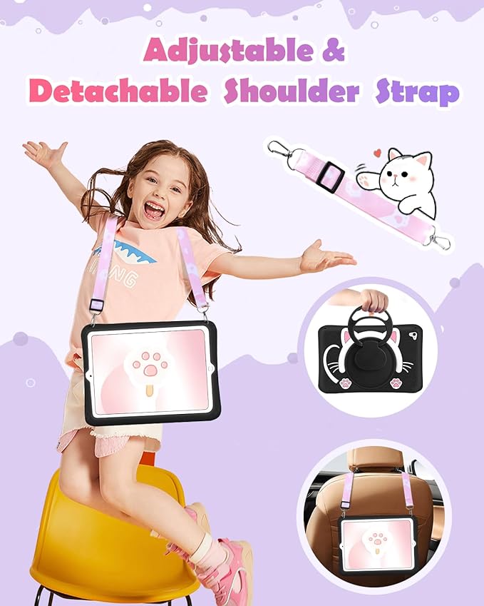 Wazzasoft for iPad 6th Generation/Air 2/ Pro 9.7 Inch Case Girls Cute Black Cat Cover Girly Kawaii with Rotating Handle Stand & Strap Silicone Funda for iPad Cases 6th Gen/Air2/Pro 9.7”