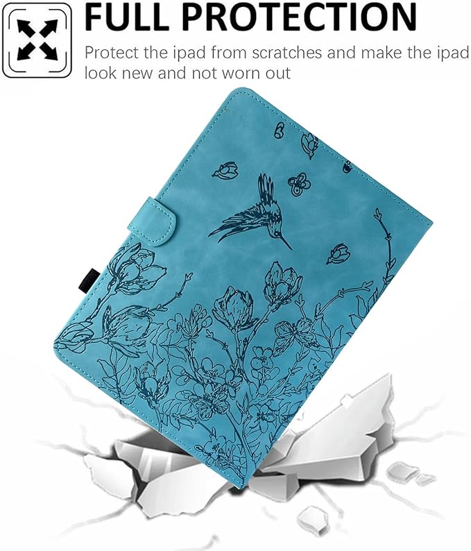 for iPad 9.7 Inch Case iPad 6th/5th Generation Case 2018 2017, Embossed Suede Leather Folio Stand Cover for iPad 9.7 inch/Pro 9.7/Air 2/Air 1, Auto Sleep/Wake, Blue Bird Flower Embossing
