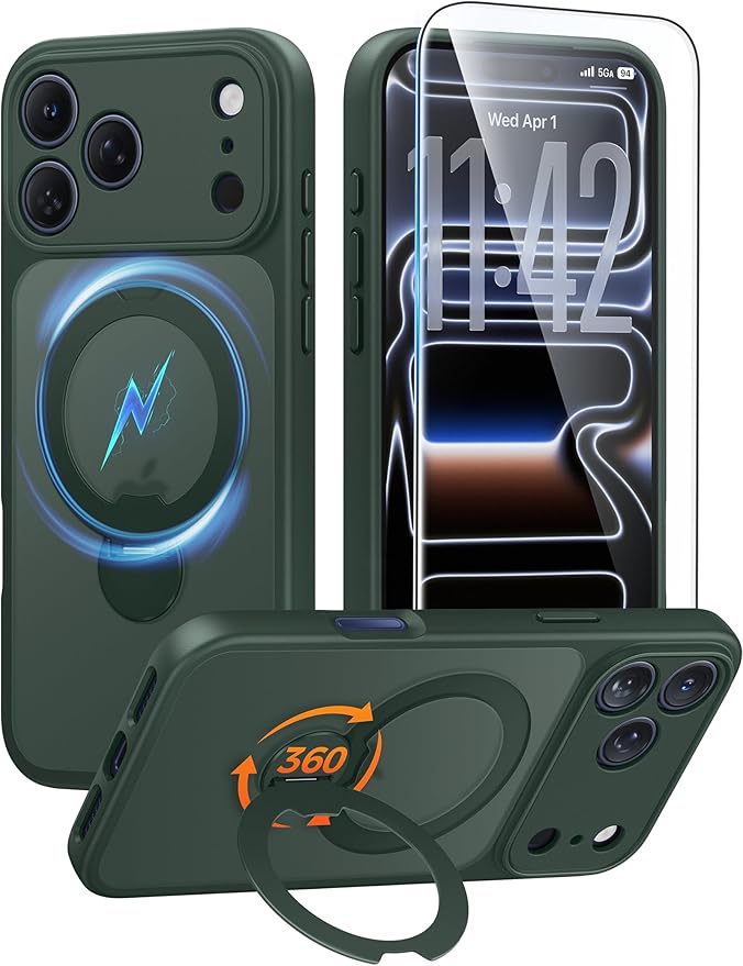 FNTCASE for iPhone 17 Pro-Max Case: [360 Spin Magnetic Stand] [Compatible with Magsafe] [Screen Protector] Translucent Matte Military Grade Shockproof Full Camera Protective Phone Cover - Green
