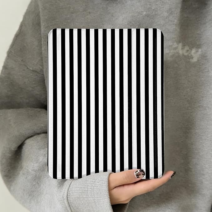 Lovmooful Compatible for iPad Air 6th 11-inch M2 (2024),iPad Air 5/4 (2022/2020 5th/4th Generation 10.9-Inch) Case with Pencil Holder Cute Striped Design Soft TPU Trifold Stand Protective-Black&White