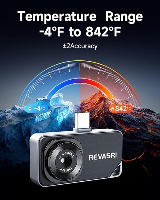 REVASRI Thermal Camera for Type-C iPhone & Android Device, 320x240 Super Resolution, 15x Digital Zoom, 25Hz Thermal Imaging Camera for Water Leak Detection,HVAC Electrical Plumbing, Home Inspection