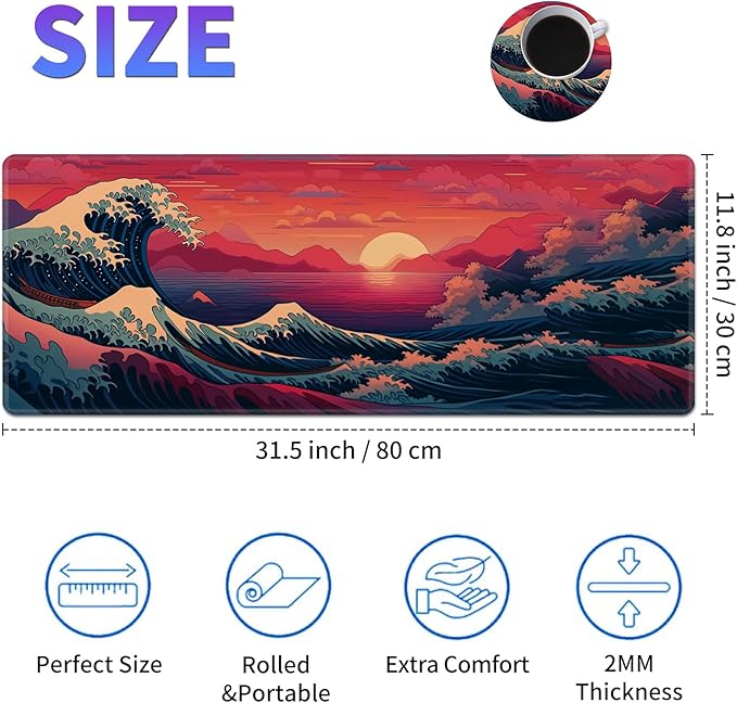 Large Mouse Pad, Desk Mat, XL Gaming Keyboard Mat, Non-Slip Rubber Base, Full Extended Mousepad for Gaming Office Home, 31.5 X 11.8 Inch, Sunset Wave