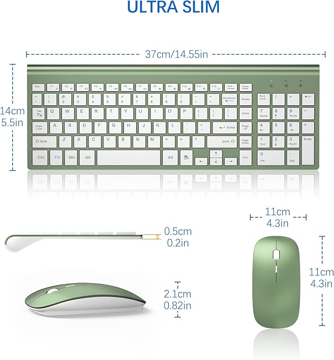 Wireless Keyboard and Mouse Ultra Slim Combo, TopMate 2.4G Silent Compact USB 2400DPI Mouse and Scissor Switch Keyboard Set with Cover, Batteries Included, for PC/Laptop/Windows/Mac - Green White