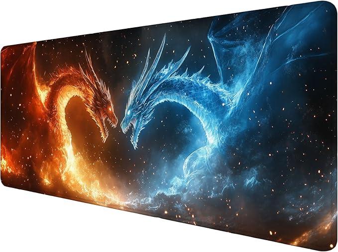 Japanese Anime Dragon Desk Mat Fantasy Fire Ice Dragon Mousepad XL Large Gaming Mouse Pad Laptop Keyboard Mat Desk Pad 31.5"x11.8" Office Home Decor for Women Girl