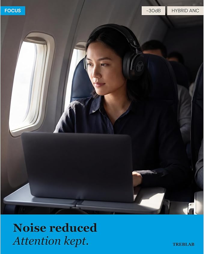 TREBLAB Bluetooth Headphones Over the Ear, Noise Cancelling, Hybrid ANC, 65H Battery, IPX4, Foldable Wireless Headphones with Mic, Lightweight, Work and Travel – U5