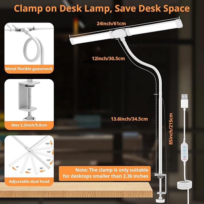 Woputne Desk Lamp with Clamp, with 5V 2A Adapter, LED Desk Lamp with Dual Head, 50 Light Modes, Computer Monitor Flexible Neck Lamp, Eye Protection Desk Lamps for Study, Office, Crafts, Draw(White)