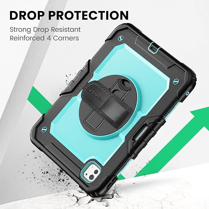 SEYMAC for iPad Pro 11 Inch Case M5 2025 / M4 2024, Heavy Duty Shockproof Protective Case with Screen Protector, 360° Rotating Stand, Hand/Shoulder Strap and Pen Holder, Light Blue