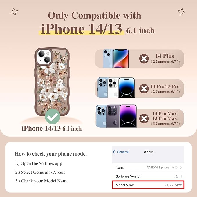 GVIEWIN Cute for iPhone 14 Case & iPhone 13 Case [Compatible with MagSafe] [Curly Wave Edge] Floral Translucent Magnetic Shockproof Protective Phone Cover for iPhone 14/13 6.1'', Dogwood/Brown