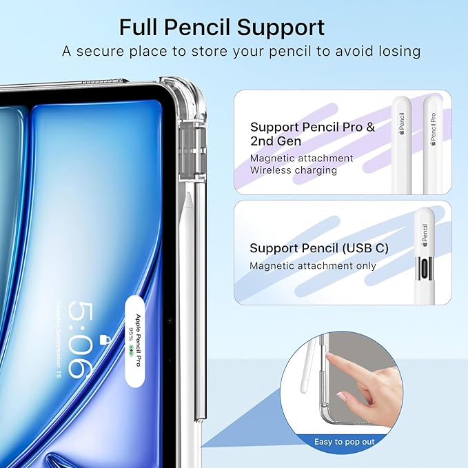 MoKo for iPad Air 11 inch Case (M4/M3/M2) 2026/2025/2024, iPad Air 5th/4th Gen 10.9 inch Case 2022/2020 with Pencil Holder, Slim Light Trifold Cover with Hard PC Translucent Back Shell, Black