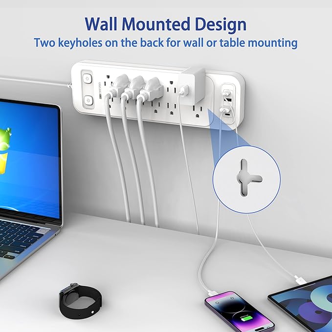HITRENDS 12-Outlet Surge Protector Power Strip with 2 USB A + 2 USB C, 6FT Flat Plug Extension Cord, Dual Switches, Wide Spacing, 1250W/10A Multi Plug Outlet for Home Office Dormitory, White