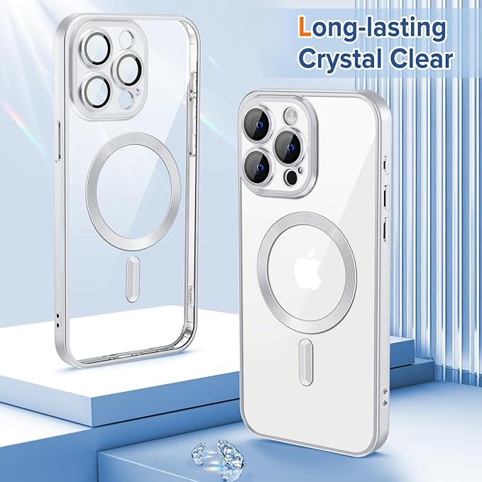 Hython Magnetic Clear for iPhone 16 Pro Case with Camera Lens Protector [Compatible with MagSafe] Luxury Plating Edge Slim Soft TPU Cover Protective Phone Case for iPhone 16 Pro 6.3", Matte Silver