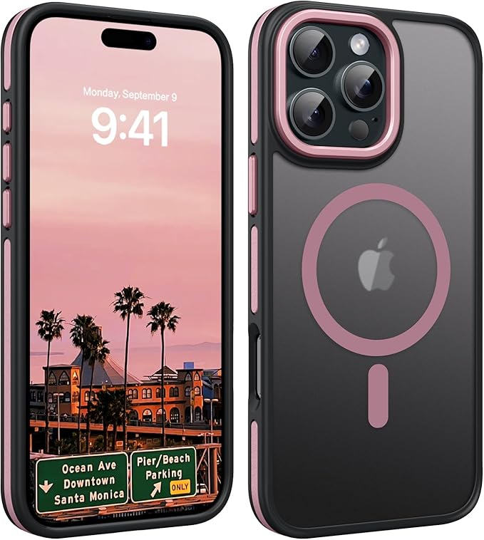YINLAI Case for iPhone 16 Pro 6.3-Inch, iPhone 16 Pro Phone Case Magnetic [Compatible with Magsafe] Slim Translucent Matte Men Women Girls Shockproof Protective Back Cover, Black/Pink