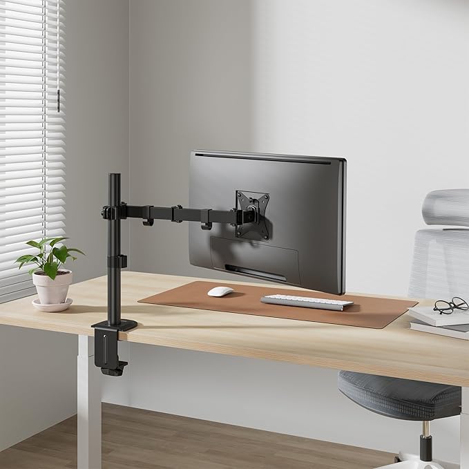 Mount-It! Single Monitor Arm 17" to 32", Full Motion Adjustment with Tilt, Rotation, Swivel, Height Adjustment Along Pole, Clamp or Grommet Mounting, Monitor Desk Mount VESA 75x75 and 100x100, Black
