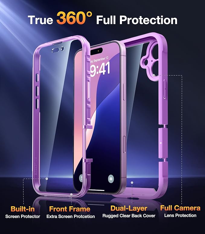 Diaclara Designed for iPhone 16 Case, Full Body Rugged Case with Built-in Touch Sensitive Anti-Scratch Screen Protector, Upgraded [Full Camera Protection] for iPhone 16 6.1" (Dark Pink)