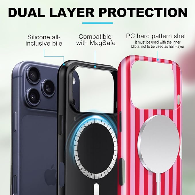Magnetic for iPhone 17 Pro Max Case Cute Stripes Phone Case, Shockproof Slim TPU and Hard PC Protective Phone Cover Compatible with MagSafe Designed for Women Girls, Pink and White
